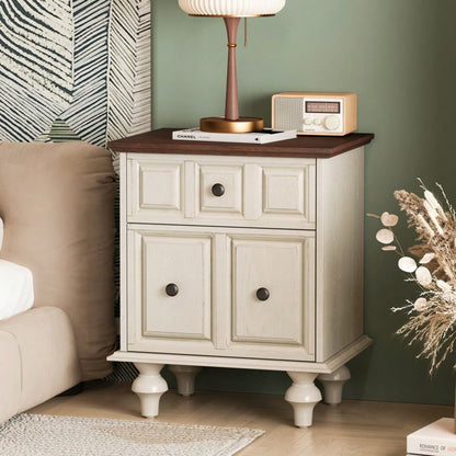 52CM Vintage Nachttisch mit 2 Schubladen und römischen Säulenbeinen, Nachttisch aus Massivholz, Nachttischschränkchen für Schlafzimmer, Wohnzimmer (Antique White)