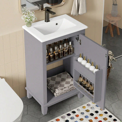 51x34x83cmBodenstehender Badezimmerschrank, Waschtisch, Volllackierung, Türregale, verstellbare Regale, integriertes Keramikwaschbecken, geeignet für kleine Räume, Grau