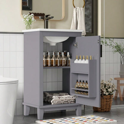 51x34x83cmBodenstehender Badezimmerschrank, Waschtisch, Volllackierung, Türregale, verstellbare Regale, integriertes Keramikwaschbecken, geeignet für kleine Räume, Grau