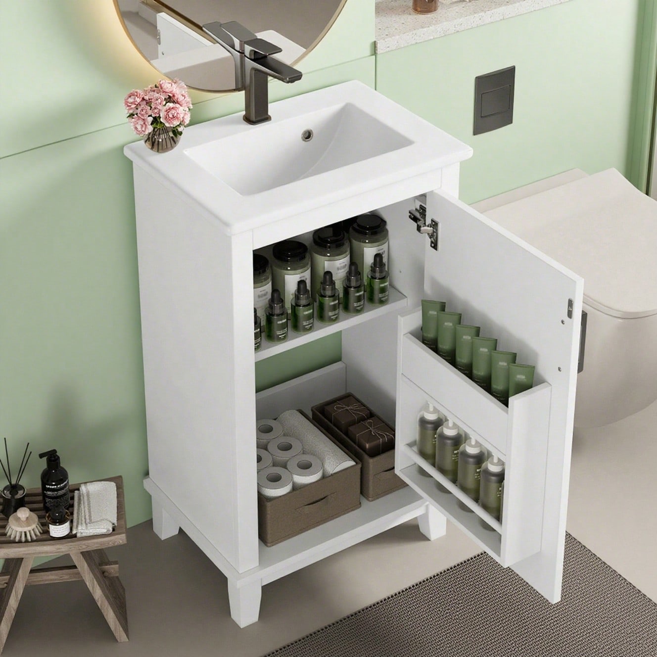 51x34x83cmBodenstehender Badezimmerschrank, Waschtisch, Waschtisch,Volllackierung, Türregale, verstellbare Regale, integriertes Keramikwaschbecken, geeignet für kleine Räume, weiß