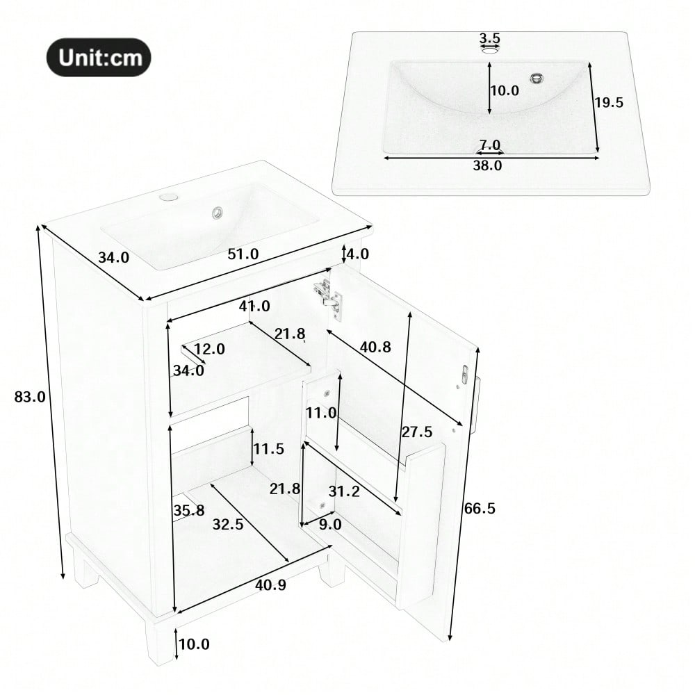 51x34x83cmBodenstehender Badezimmerschrank, Waschtisch, Volllackierung, Türregale, verstellbare Regale, integriertes Keramikwaschbecken, geeignet für kleine Räume, Grau