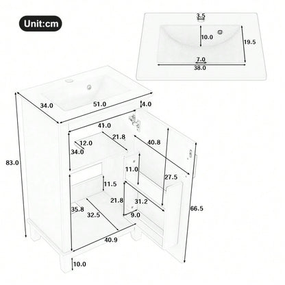 51x34x83cmBodenstehender Badezimmerschrank, Waschtisch, Volllackierung, Türregale, verstellbare Regale, integriertes Keramikwaschbecken, geeignet für kleine Räume, Grau