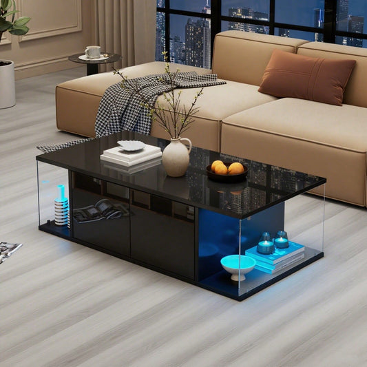 100*50*30cm Wohnzimmer-Couchtisch,Sofatisch mit LED, Hochglanz-Design + Hartglas-Design, Kaffeetisch mit 2 Schränken,Beistelltisch im schlichten Design,Schwarz, Spanplatte