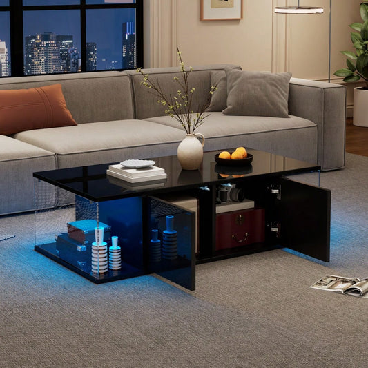 100*50*30cm Wohnzimmer-Couchtisch,Sofatisch mit LED, Hochglanz-Design + Hartglas-Design, Kaffeetisch mit 2 Schränken,Beistelltisch im schlichten Design,Schwarz, Spanplatte