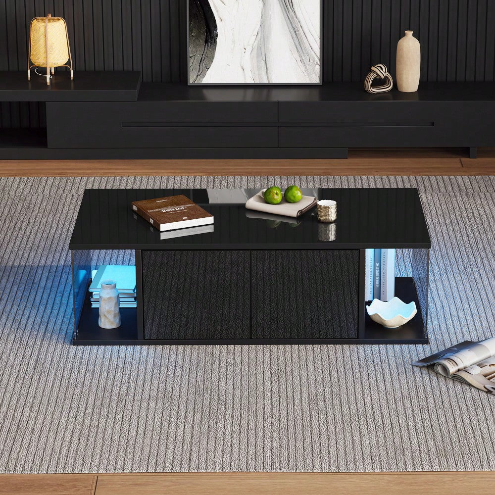 100*50*30cm Wohnzimmer-Couchtisch,Sofatisch mit LED, Hochglanz-Design + Hartglas-Design, Kaffeetisch mit 2 Schränken,Beistelltisch im schlichten Design,Schwarz, Spanplatte