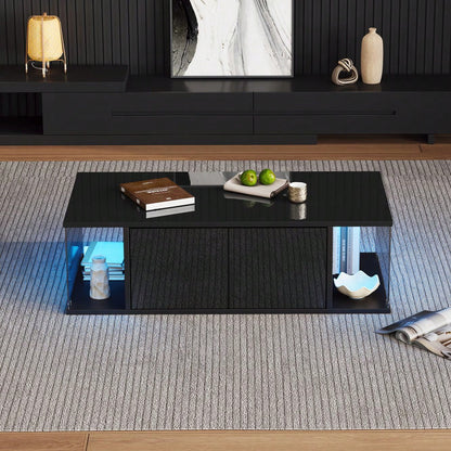 100*50*30cm Wohnzimmer-Couchtisch,Sofatisch mit LED, Hochglanz-Design + Hartglas-Design, Kaffeetisch mit 2 Schränken,Beistelltisch im schlichten Design,Schwarz, Spanplatte