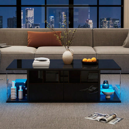 100*50*30cm Wohnzimmer-Couchtisch,Sofatisch mit LED, Hochglanz-Design + Hartglas-Design, Kaffeetisch mit 2 Schränken,Beistelltisch im schlichten Design,Schwarz, Spanplatte