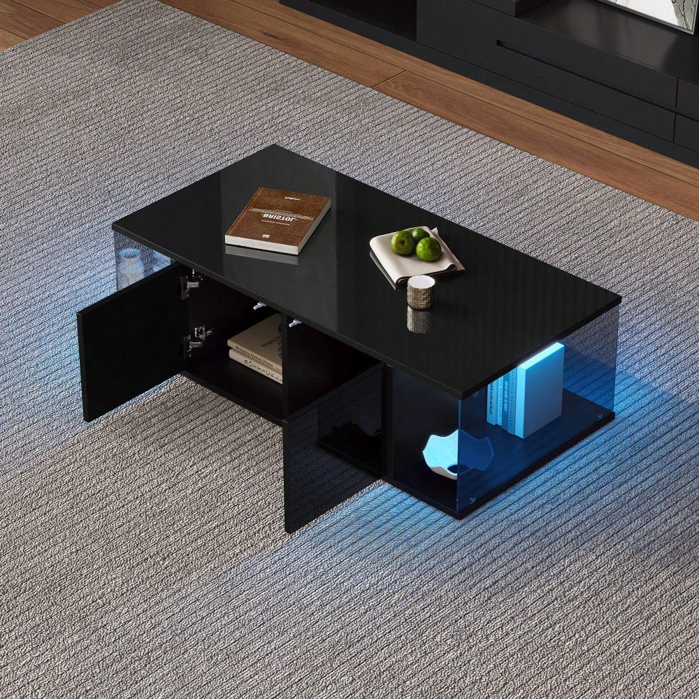100*50*30cm Wohnzimmer-Couchtisch,Sofatisch mit LED, Hochglanz-Design + Hartglas-Design, Kaffeetisch mit 2 Schränken,Beistelltisch im schlichten Design,Schwarz, Spanplatte