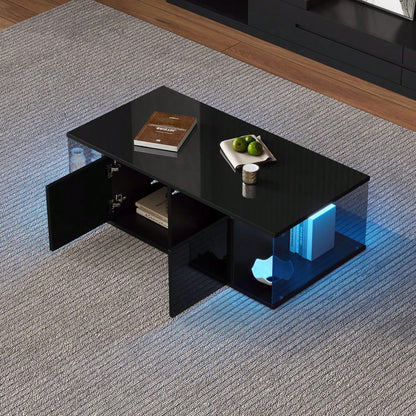 100*50*30cm Wohnzimmer-Couchtisch,Sofatisch mit LED, Hochglanz-Design + Hartglas-Design, Kaffeetisch mit 2 Schränken,Beistelltisch im schlichten Design,Schwarz, Spanplatte