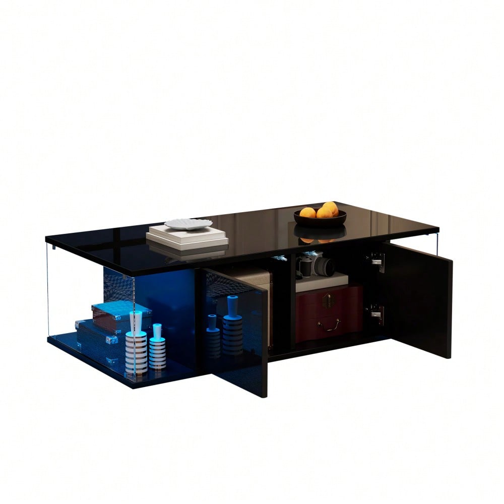 100*50*30cm Wohnzimmer-Couchtisch,Sofatisch mit LED, Hochglanz-Design + Hartglas-Design, Kaffeetisch mit 2 Schränken,Beistelltisch im schlichten Design,Schwarz, Spanplatte