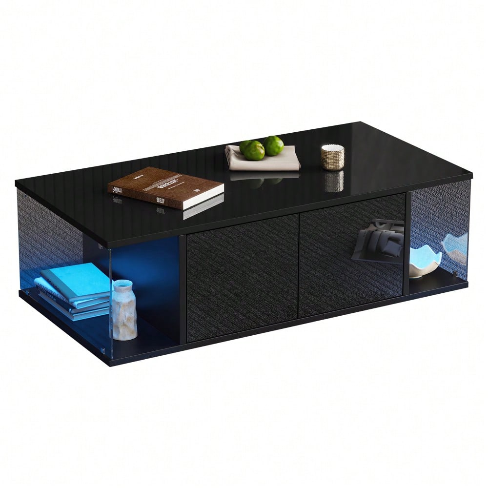 100*50*30cm Wohnzimmer-Couchtisch,Sofatisch mit LED, Hochglanz-Design + Hartglas-Design, Kaffeetisch mit 2 Schränken,Beistelltisch im schlichten Design,Schwarz, Spanplatte