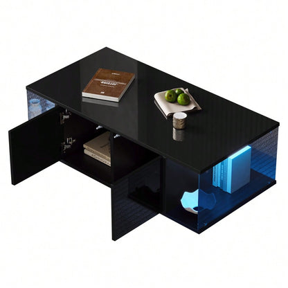 100*50*30cm Wohnzimmer-Couchtisch,Sofatisch mit LED, Hochglanz-Design + Hartglas-Design, Kaffeetisch mit 2 Schränken,Beistelltisch im schlichten Design,Schwarz, Spanplatte