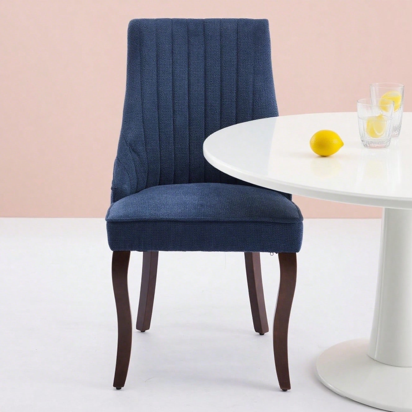 Rayon Cloth Flocking Linen Dining Chairs Channel Kitchen Dinner Chair Comfy Fabric Upholstered Accent Chair for Dining Room with Curved Solid Wood Legs,Set of 2 (Blue), DE1847BL