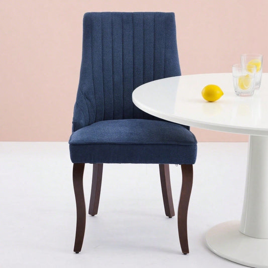 Rayon Cloth Flocking Linen Dining Chairs Channel Kitchen Dinner Chair Comfy Fabric Upholstered Accent Chair for Dining Room with Curved Solid Wood Legs,Set of 2 (Blue), DE1847BL