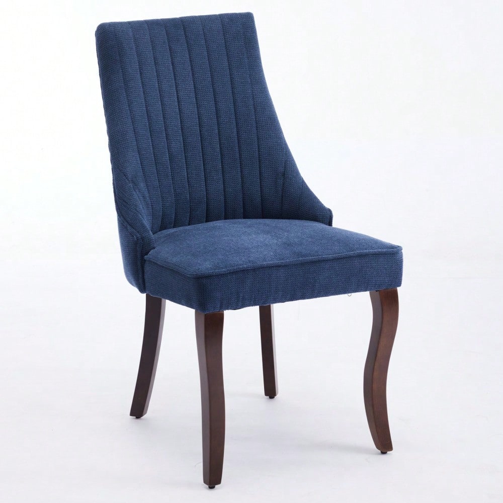 Rayon Cloth Flocking Linen Dining Chairs Channel Kitchen Dinner Chair Comfy Fabric Upholstered Accent Chair for Dining Room with Curved Solid Wood Legs,Set of 2 (Blue), DE1847BL