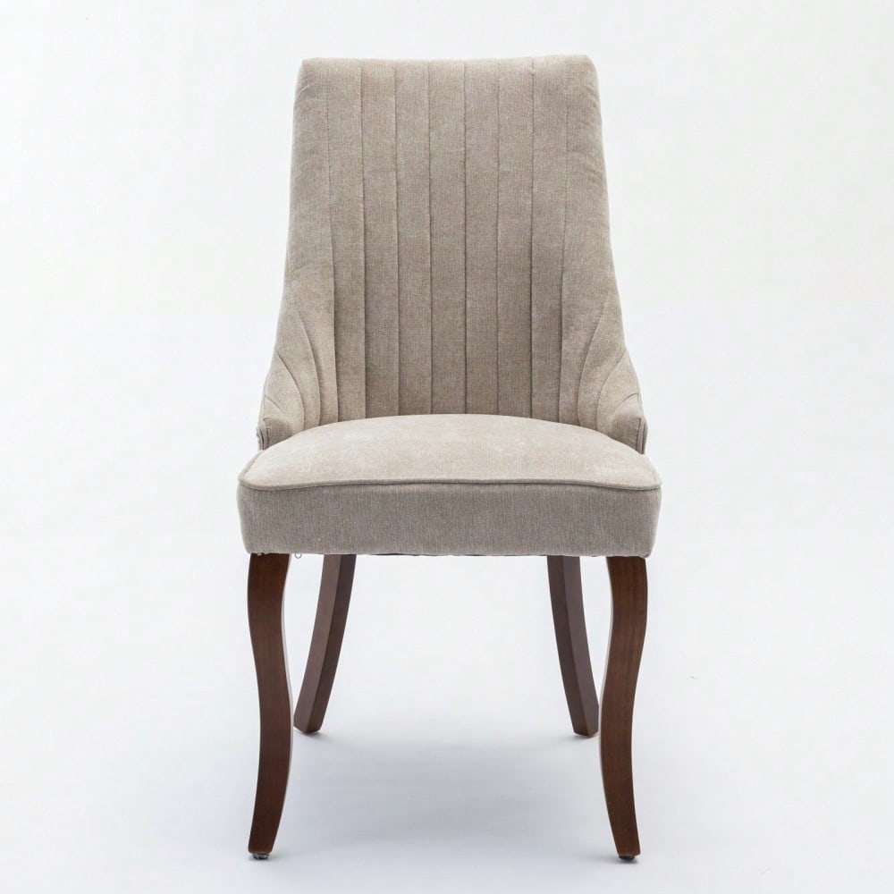 Rayon Cloth Flocking Linen Dining Chairs Channel Kitchen Dinner Chair Comfy Fabric Upholstered Accent Chair for Dining Room with Curved Solid Wood Legs,Set of 2 (Beige), DE1847BG