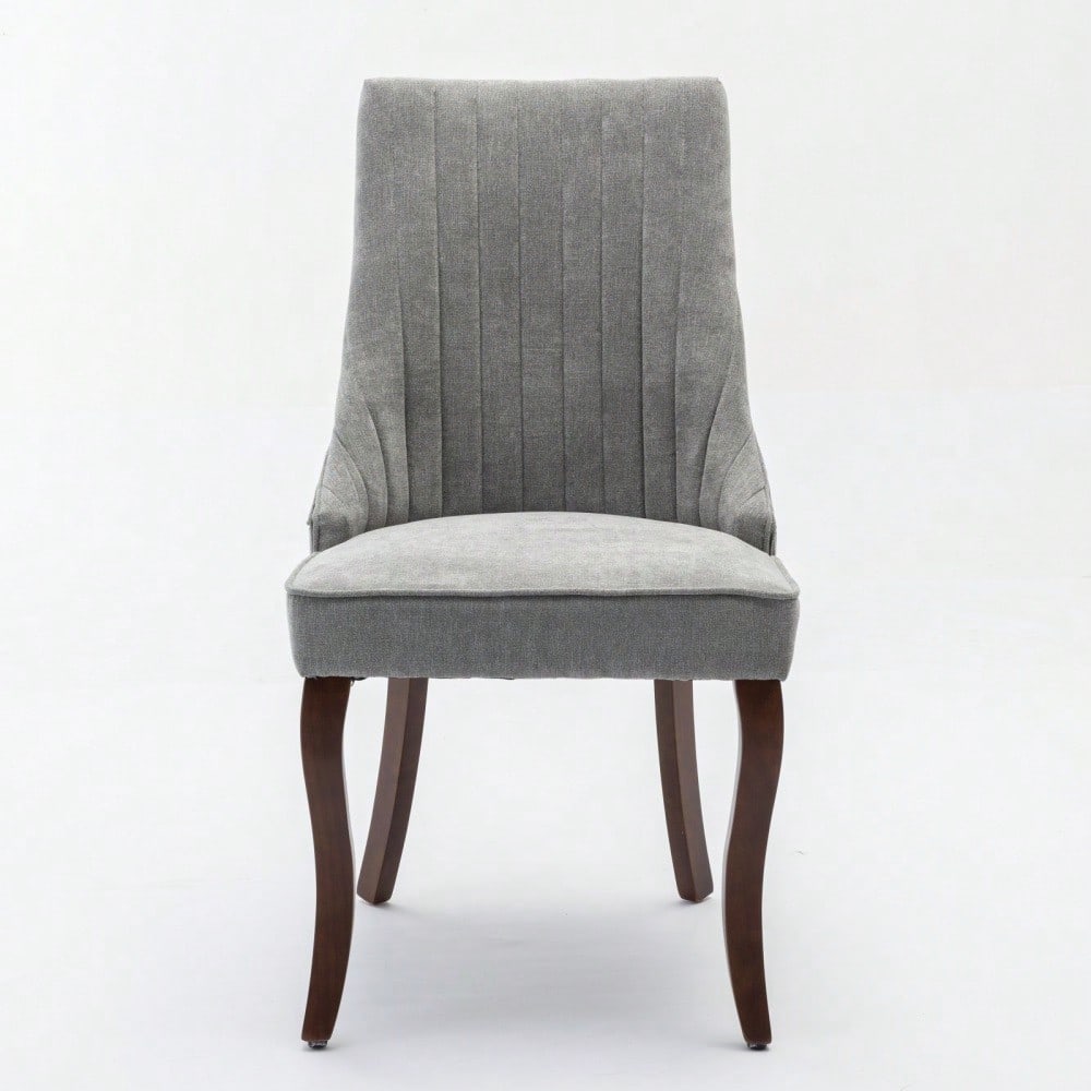 Rayon Cloth Flocking Linen Dining Chairs Channel Kitchen Dinner Chair Comfy Fabric Upholstered Accent Chair for Dining Room with Curved Solid Wood Legs,Set of 2 (Gray), DE1847GY
