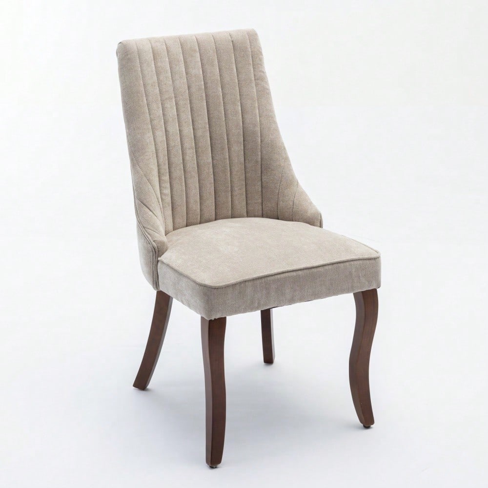 Rayon Cloth Flocking Linen Dining Chairs Channel Kitchen Dinner Chair Comfy Fabric Upholstered Accent Chair for Dining Room with Curved Solid Wood Legs,Set of 2 (Beige), DE1847BG