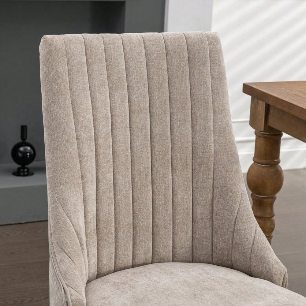 Rayon Cloth Flocking Linen Dining Chairs Channel Kitchen Dinner Chair Comfy Fabric Upholstered Accent Chair for Dining Room with Curved Solid Wood Legs,Set of 2 (Beige), DE1847BG