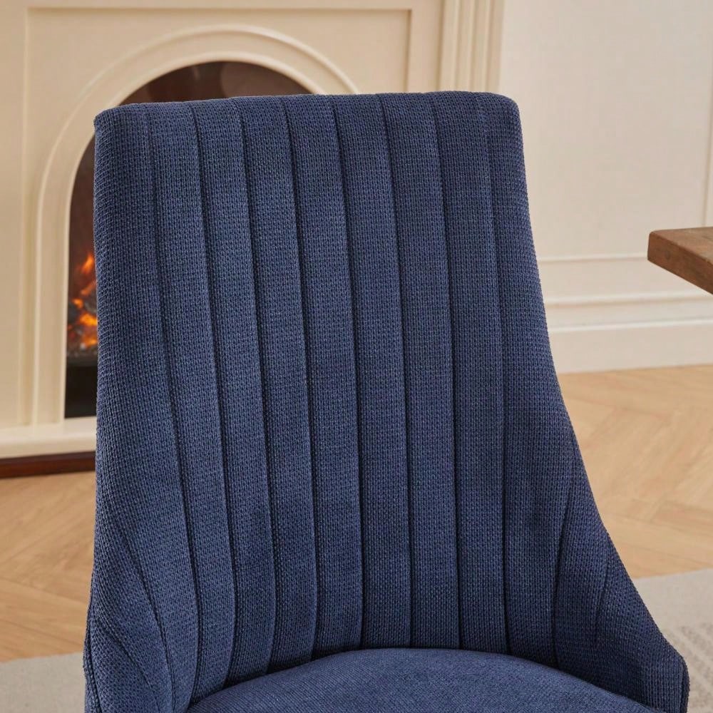 Rayon Cloth Flocking Linen Dining Chairs Channel Kitchen Dinner Chair Comfy Fabric Upholstered Accent Chair for Dining Room with Curved Solid Wood Legs,Set of 2 (Blue), DE1847BL