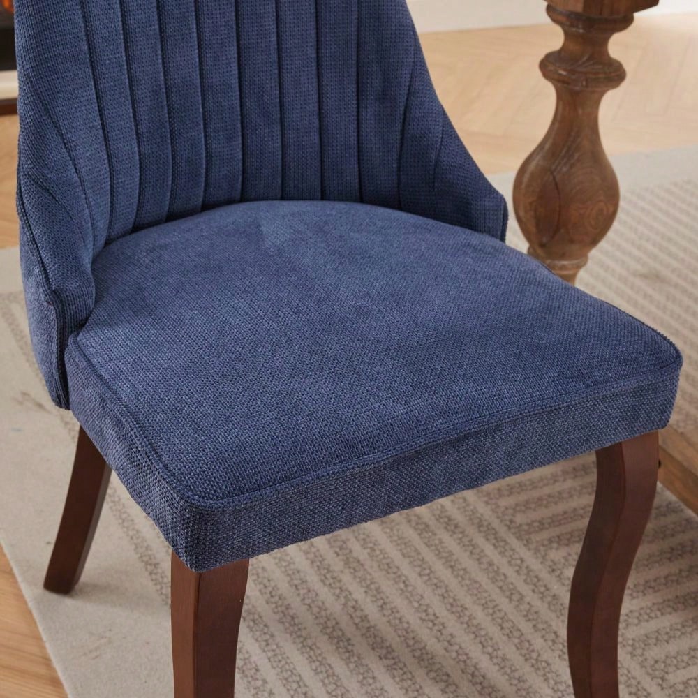 Rayon Cloth Flocking Linen Dining Chairs Channel Kitchen Dinner Chair Comfy Fabric Upholstered Accent Chair for Dining Room with Curved Solid Wood Legs,Set of 2 (Blue), DE1847BL