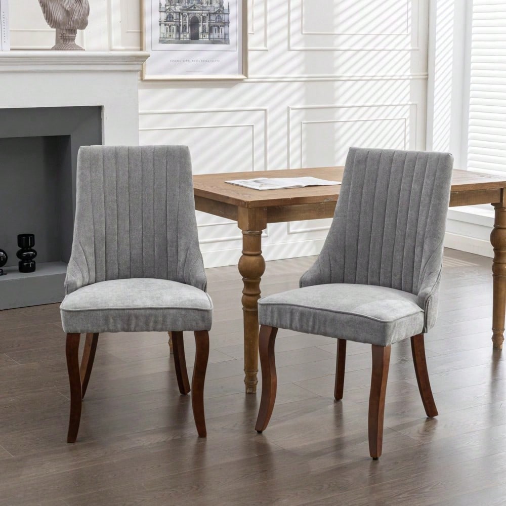 Rayon Cloth Flocking Linen Dining Chairs Channel Kitchen Dinner Chair Comfy Fabric Upholstered Accent Chair for Dining Room with Curved Solid Wood Legs,Set of 2 (Gray), DE1847GY