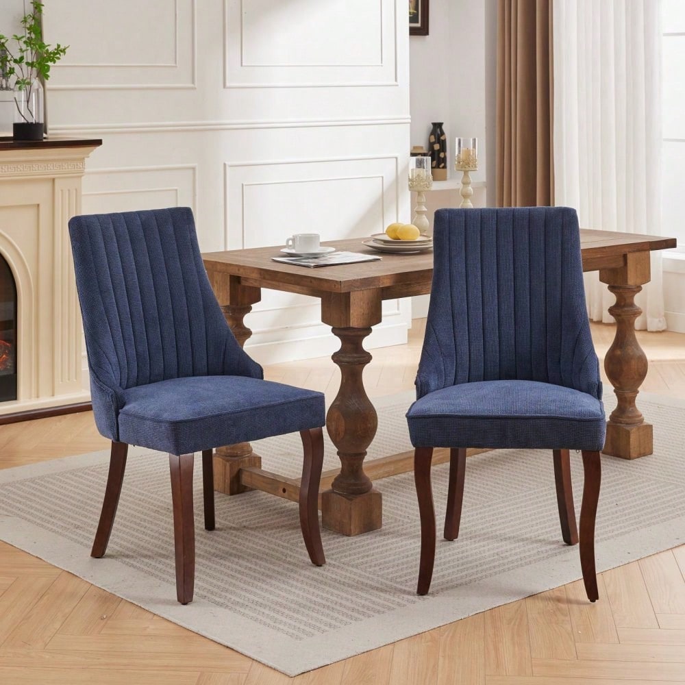 Rayon Cloth Flocking Linen Dining Chairs Channel Kitchen Dinner Chair Comfy Fabric Upholstered Accent Chair for Dining Room with Curved Solid Wood Legs,Set of 2 (Blue), DE1847BL