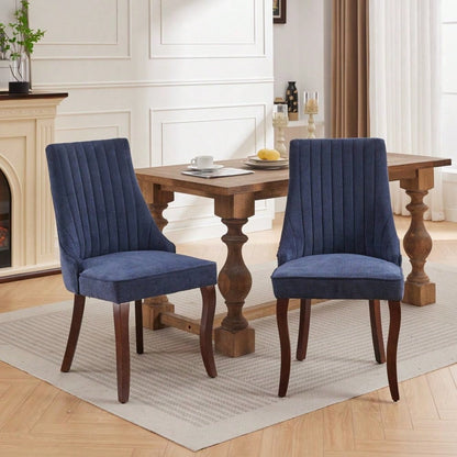 Rayon Cloth Flocking Linen Dining Chairs Channel Kitchen Dinner Chair Comfy Fabric Upholstered Accent Chair for Dining Room with Curved Solid Wood Legs,Set of 2 (Blue), DE1847BL