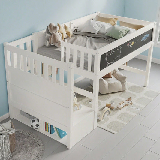 (=AB20272526W)Kinderbett Hochbett mit Whiteboard&Tafel,Speicherung und Rausfallschutz 90 x 200 cm, Weiss Hochbett für Kinder– Lattenrost- Weiß(Ohne Matratze)
