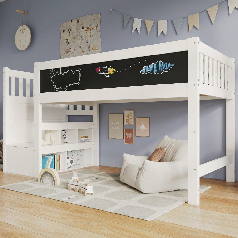 (=AB20272526W)Kinderbett Hochbett mit Whiteboard&Tafel,Speicherung und Rausfallschutz 90 x 200 cm, Weiss Hochbett für Kinder– Lattenrost- Weiß(Ohne Matratze)