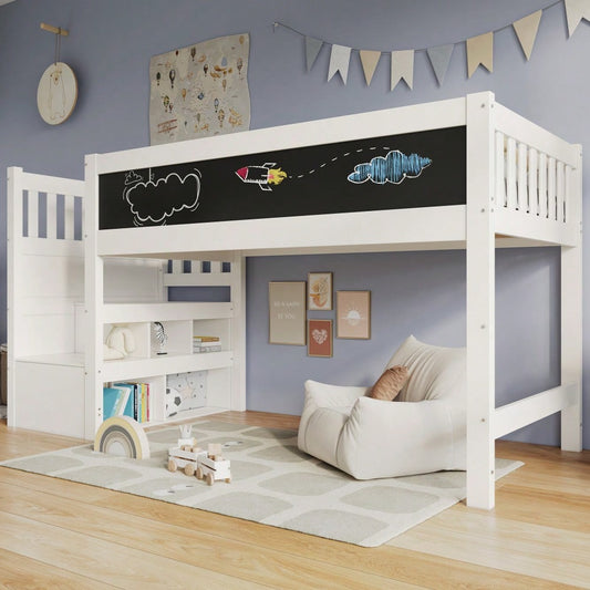 (=AB20272526W)Kinderbett Hochbett mit Whiteboard&Tafel,Speicherung und Rausfallschutz 90 x 200 cm, Weiss Hochbett für Kinder– Lattenrost- Weiß(Ohne Matratze)