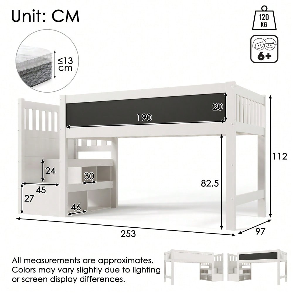 (=AB20272526W)Kinderbett Hochbett mit Whiteboard&Tafel,Speicherung und Rausfallschutz 90 x 200 cm, Weiss Hochbett für Kinder– Lattenrost- Weiß(Ohne Matratze)