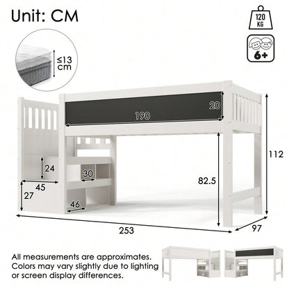 (=AB20272526W)Kinderbett Hochbett mit Whiteboard&Tafel,Speicherung und Rausfallschutz 90 x 200 cm, Weiss Hochbett für Kinder– Lattenrost- Weiß(Ohne Matratze)