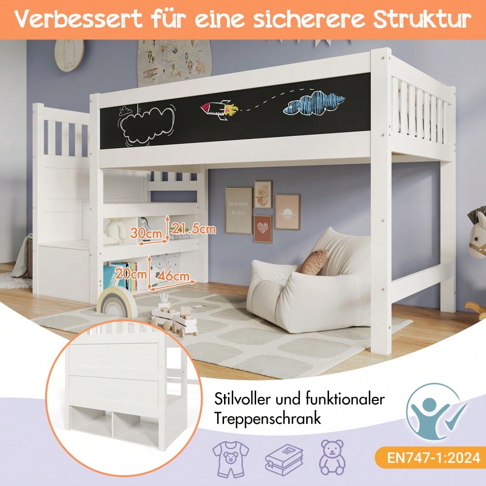 (=AB20272526W)Kinderbett Hochbett mit Whiteboard&Tafel,Speicherung und Rausfallschutz 90 x 200 cm, Weiss Hochbett für Kinder– Lattenrost- Weiß(Ohne Matratze)