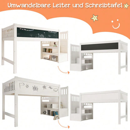 (=AB20272526W)Kinderbett Hochbett mit Whiteboard&Tafel,Speicherung und Rausfallschutz 90 x 200 cm, Weiss Hochbett für Kinder– Lattenrost- Weiß(Ohne Matratze)