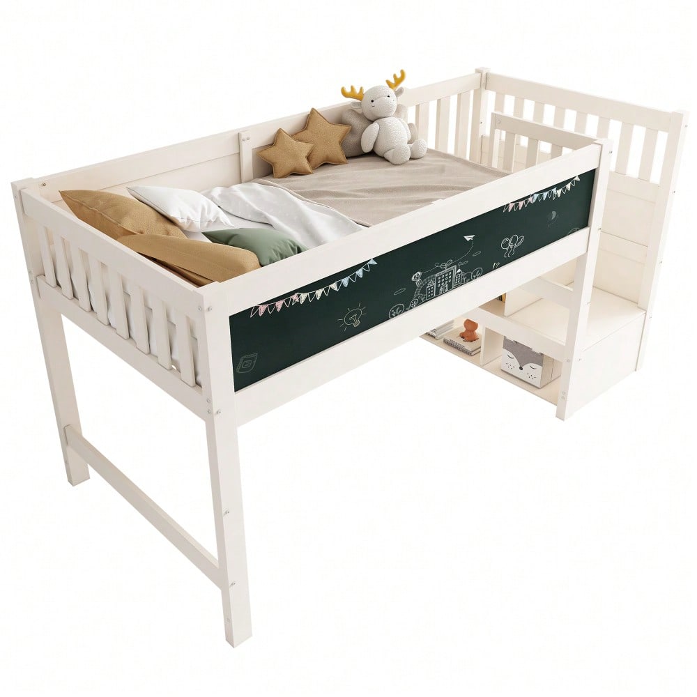(=AB20272526W)Kinderbett Hochbett mit Whiteboard&Tafel,Speicherung und Rausfallschutz 90 x 200 cm, Weiss Hochbett für Kinder– Lattenrost- Weiß(Ohne Matratze)