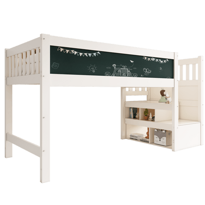 (=AB20272526W)Kinderbett Hochbett mit Whiteboard&Tafel,Speicherung und Rausfallschutz 90 x 200 cm, Weiss Hochbett für Kinder– Lattenrost- Weiß(Ohne Matratze)
