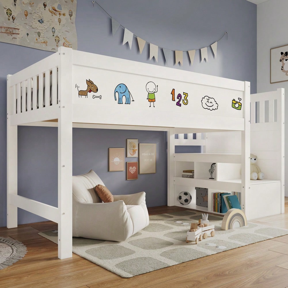 (=AB20272526W)Kinderbett Hochbett mit Whiteboard&Tafel,Speicherung und Rausfallschutz 90 x 200 cm, Weiss Hochbett für Kinder– Lattenrost- Weiß(Ohne Matratze)