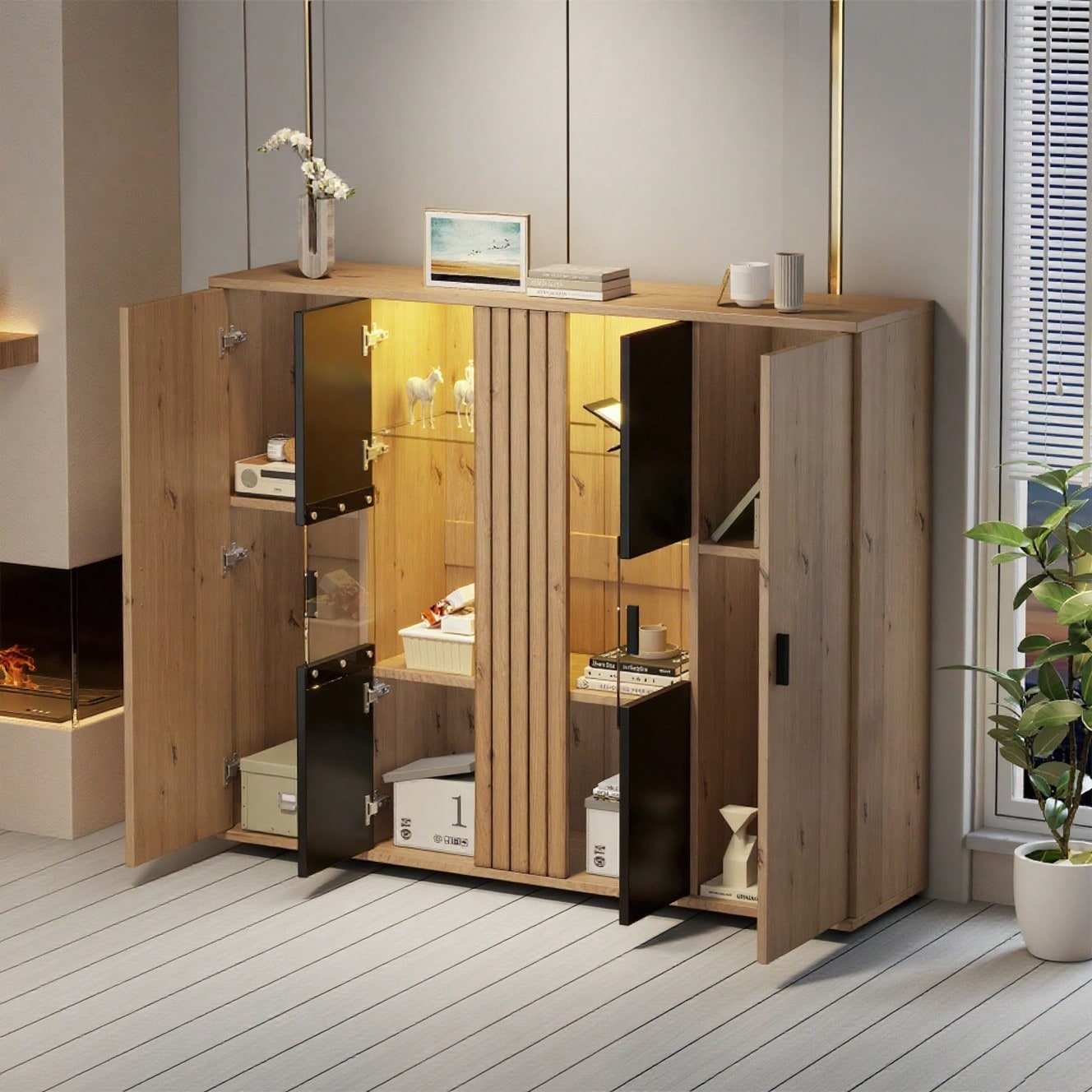 140*35*113cm Wohnzimmerseitenschrank,Wohnraum-Beistellschrank mit Trennwand-Design und verstellbaren Trennwänden, Sideboard in Schwarz + Holzfarbe und 4 Türen