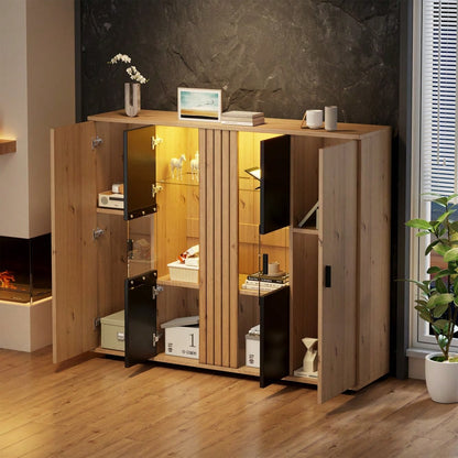 140*35*113cm Wohnzimmerseitenschrank,Wohnraum-Beistellschrank mit Trennwand-Design und verstellbaren Trennwänden, Sideboard in Schwarz + Holzfarbe und 4 Türen