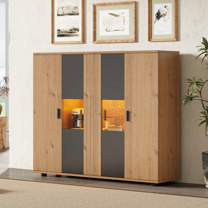 140*35*113cm Wohnzimmerseitenschrank,Wohnraum-Beistellschrank mit Trennwand-Design und verstellbaren Trennwänden, Sideboard in Schwarz + Holzfarbe und 4 Türen