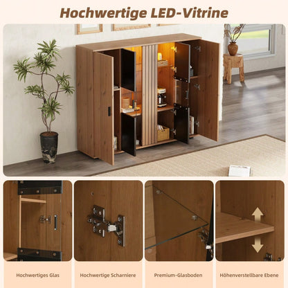 140*35*113cm Wohnzimmerseitenschrank,Wohnraum-Beistellschrank mit Trennwand-Design und verstellbaren Trennwänden, Sideboard in Schwarz + Holzfarbe und 4 Türen