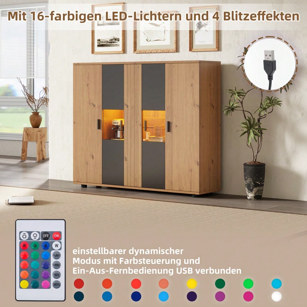 140*35*113cm Wohnzimmerseitenschrank,Wohnraum-Beistellschrank mit Trennwand-Design und verstellbaren Trennwänden, Sideboard in Schwarz + Holzfarbe und 4 Türen