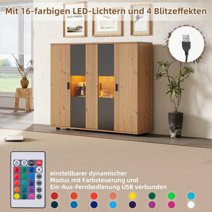 140*35*113cm Wohnzimmerseitenschrank,Wohnraum-Beistellschrank mit Trennwand-Design und verstellbaren Trennwänden, Sideboard in Schwarz + Holzfarbe und 4 Türen