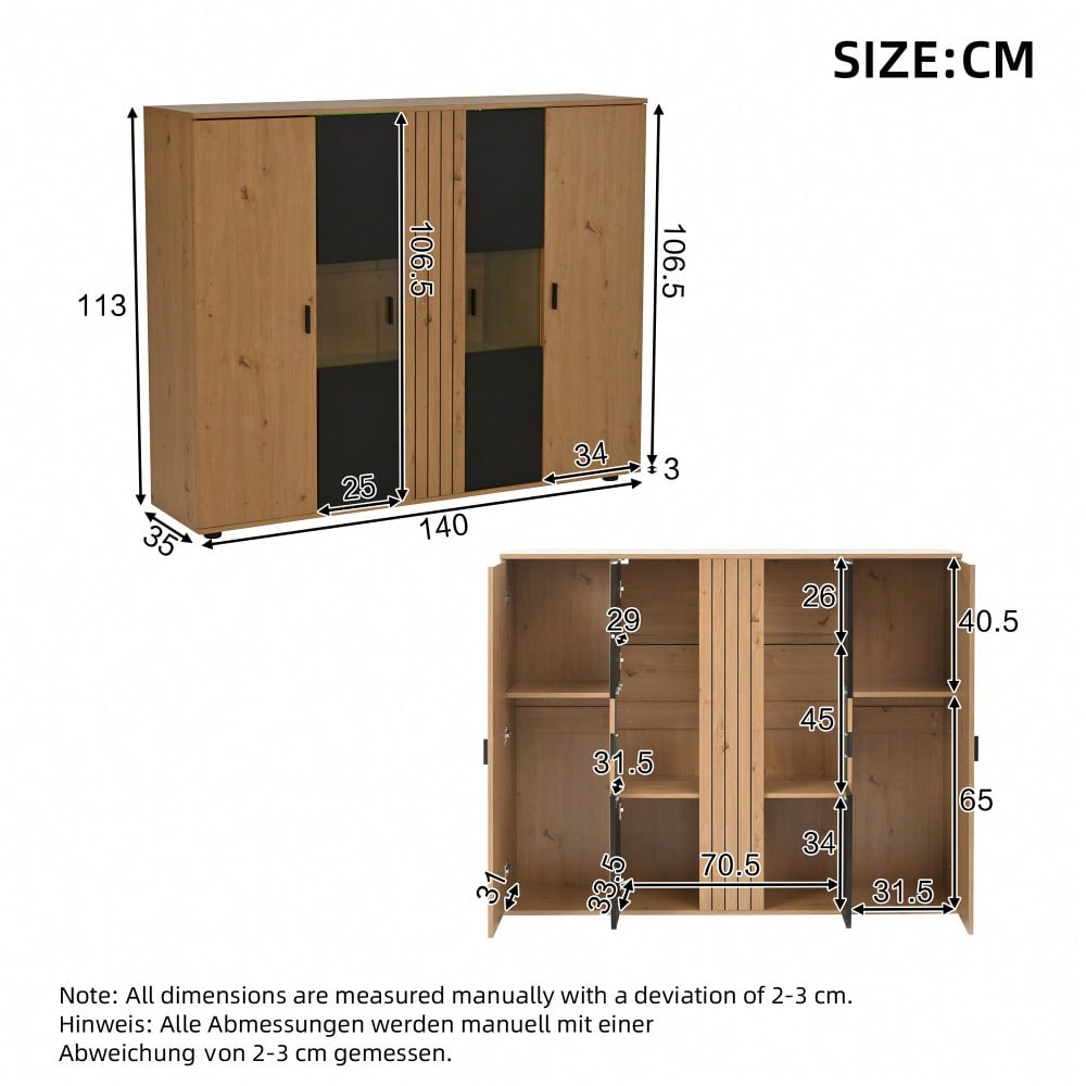 140*35*113cm Wohnzimmerseitenschrank,Wohnraum-Beistellschrank mit Trennwand-Design und verstellbaren Trennwänden, Sideboard in Schwarz + Holzfarbe und 4 Türen