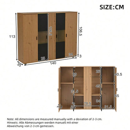 140*35*113cm Wohnzimmerseitenschrank,Wohnraum-Beistellschrank mit Trennwand-Design und verstellbaren Trennwänden, Sideboard in Schwarz + Holzfarbe und 4 Türen