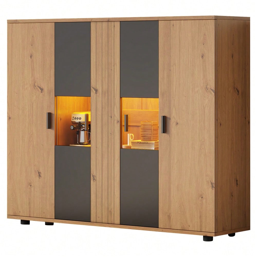 140*35*113cm Wohnzimmerseitenschrank,Wohnraum-Beistellschrank mit Trennwand-Design und verstellbaren Trennwänden, Sideboard in Schwarz + Holzfarbe und 4 Türen