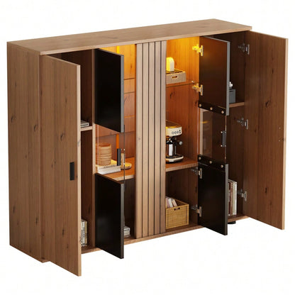 140*35*113cm Wohnzimmerseitenschrank,Wohnraum-Beistellschrank mit Trennwand-Design und verstellbaren Trennwänden, Sideboard in Schwarz + Holzfarbe und 4 Türen