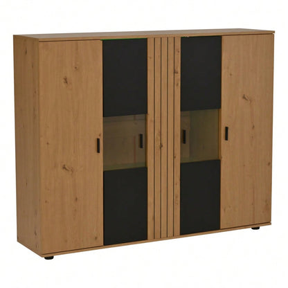 140*35*113cm Wohnzimmerseitenschrank,Wohnraum-Beistellschrank mit Trennwand-Design und verstellbaren Trennwänden, Sideboard in Schwarz + Holzfarbe und 4 Türen