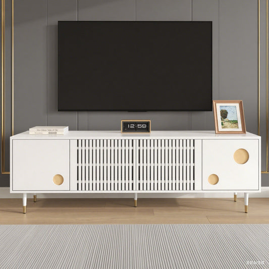 TV-Schrank, TV-Möbel mit Gitterstruktur, versteckten Griffen, Golddekor. Wohnzimmermöbel. Zwei Türen aus Massivholz